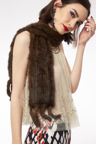 Fiona - Long Fur Scarf with Trim in Chocolate