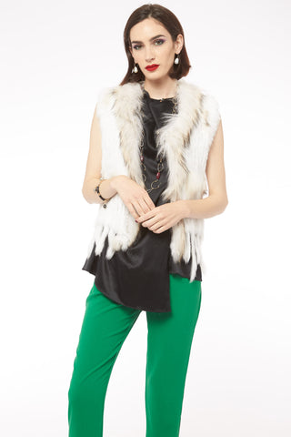 Karina - Vest Knitted Rabbit Fur Trim in Ivory