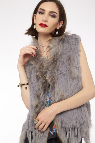 Karina - Vest Knitted Rabbit Fur Trim in Silver