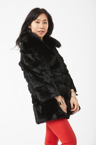 Lena Coat - Rabbit Fur with Fox Fur on Collar - Black