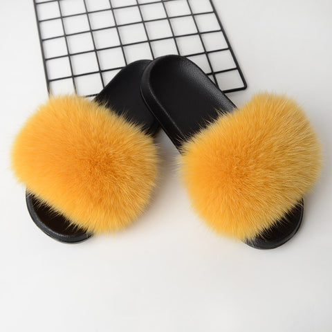 Slippers/ Slides - Fox Fur - Antique Mustard