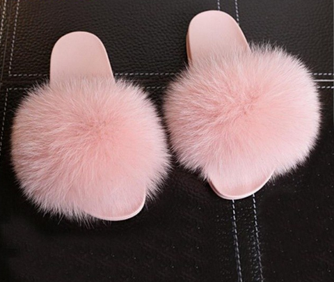 Slippers/ Slides - Fox Fur - Rose Water with matching sole