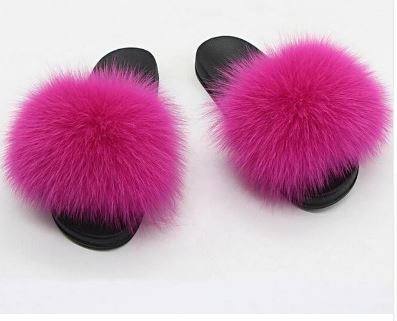 Slippers/ Slides - Fox Fur - Hot Pink
