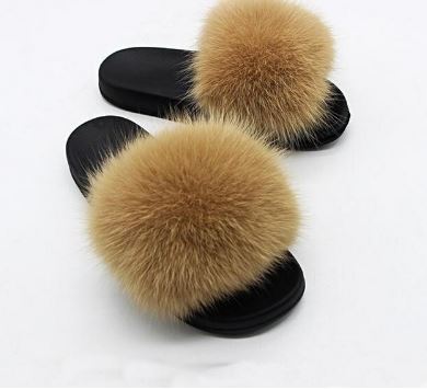 Slippers/ Slides - Fox Fur - Mocha