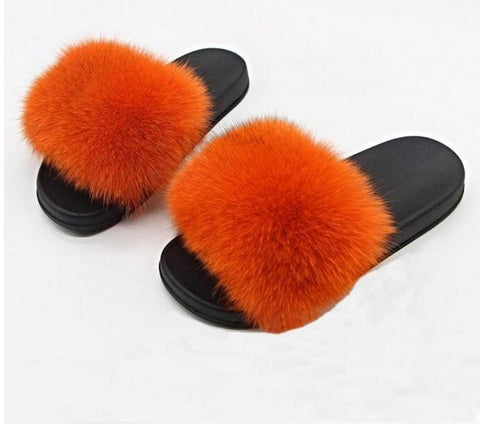 Slippers/ Slides - Fox Fur - Orange