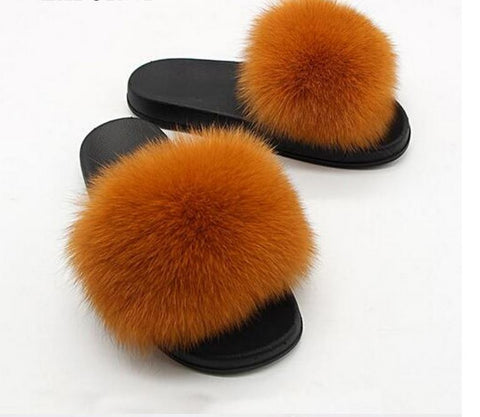 Slippers/ Slides - Fox Fur - Persimon