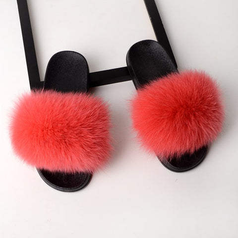 Slippers/ Slides - Fox Fur - Coral Red
