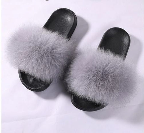 Slippers/ Slides - Fox Fur - Silver