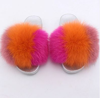 Slippers/ Slides - Fox Fur - Trio Colors - Orange Pink Coral