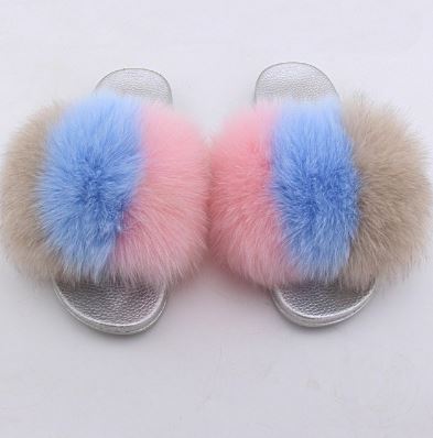 Slippers/ Slides - Fox Fur - Trio Colors - Blue Pink Khaki