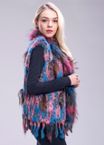 Karina - Vest Knitted Rabbit Fur Trim in Multi Blue and Pink