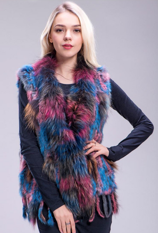 Karina - Vest Knitted Rabbit Fur Trim in Multi Blue and Pink