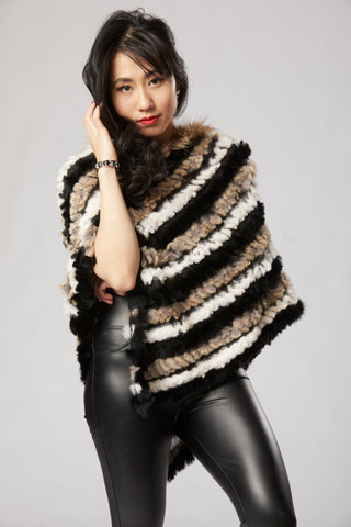 Lilian Long Poncho - Rabbit Fur - Multi Black and Brown