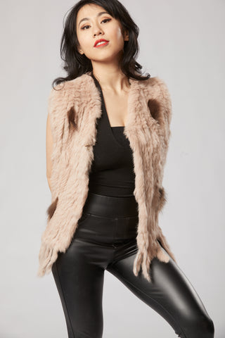 Karina - Vest Knitted Rabbit Fur Trim in Blush with Brown